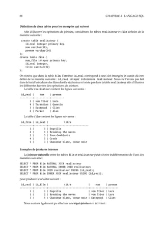 88 CHAPITRE 4. LANGAGE SQL
Déﬁnition de deux tables pour les exemples qui suivent
Aﬁn d’illustrer les opérations de jointure, considérons les tables realisateur et film déﬁnies de la
manière suivante :
create table realisateur (
id_real integer primary key,
nom varchar(16),
prenom varchar(16)
);
create table film (
num_film integer primary key,
id_real integer,
titre varchar(32)
);
On notera que dans la table film, l’attribut id_real correspond à une clef étrangère et aurait dû être
déﬁni de la manière suivante : id_real integer references realisateur. Nous ne l’avons pas fait
dans le but d’introduire des ﬁlms dont le réalisateur n’existe pas dans la table realisateur aﬁn d’illustrer
les diﬀérentes facettes des opérations de jointure.
La table realisateur contient les lignes suivantes :
id_real | nom | prenom
---------+-----------+---------
1 | von Trier | Lars
4 | Tarantino | Quentin
3 | Eastwood | Clint
2 | Parker | Alan
La table film contient les lignes suivantes :
id_film | id_real | titre
---------+---------+----------------------------
1 | 1 | Dogville
2 | 1 | Breaking the waves
3 | 5 | Faux-Semblants
4 | 5 | Crash
5 | 3 | Chasseur blanc, coeur noir
Exemples de jointures internes
La jointure naturelle entre les tables film et réalisateur peut s’écrire indiﬀéremment de l’une des
manières suivante :
SELECT * FROM film NATURAL JOIN realisateur
SELECT * FROM film NATURAL INNER JOIN realisateur;
SELECT * FROM film JOIN realisateur USING (id_real);
SELECT * FROM film INNER JOIN realisateur USING (id_real);
pour produire le résultat suivant :
id_real | id_film | titre | nom | prenom
---------+---------+----------------------------+-----------+--------
1 | 1 | Dogville | von Trier | Lars
1 | 2 | Breaking the waves | von Trier | Lars
3 | 5 | Chasseur blanc, coeur noir | Eastwood | Clint
Nous aurions également pu eﬀectuer une équi-jointure en écrivant :
 