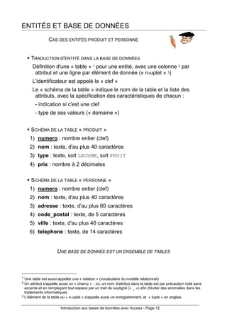 Introduction aux bases de données avec Access - Page 12
ENTITÉS ET BASE DE DONNÉES
CAS DES ENTITÉS PRODUIT ET PERSONNE
TRADUCTION D'ENTITÉ DANS LA BASE DE DONNÉES
Définition d'une « table » 1 pour une entité, avec une colonne 2 par
attribut et une ligne par élément de donnée (« n-uplet » 3)
L'identificateur est appelé la « clef »
Le « schéma de la table » indique le nom de la table et la liste des
attributs, avec la spécification des caractéristiques de chacun :
- indication si c'est une clef
- type de ses valeurs (« domaine »)
SCHÉMA DE LA TABLE « PRODUIT »
1) numero : nombre entier (clef)
2) nom : texte, d'au plus 40 caractères
3) type : texte, soit LEGUME, soit FRUIT
4) prix : nombre à 2 décimales
SCHÉMA DE LA TABLE « PERSONNE »
1) numero : nombre entier (clef)
2) nom : texte, d'au plus 40 caractères
3) adresse : texte, d'au plus 60 caractères
4) code_postal : texte, de 5 caractères
5) ville : texte, d'au plus 40 caractères
6) telephone : texte, de 14 caractères
UNE BASE DE DONNÉE EST UN ENSEMBLE DE TABLES
1 Une table est aussi appelée une « relation » (vocabulaire du modèle relationnel)
2 Un attribut s'appelle aussi un « champ » ; ici, un nom d'attribut dans la table est par précaution noté sans
accents et en remplaçant tout espace par un trait de souligné (« _ ») afin d'éviter des anomalies dans les
traitements informatiques
3 L'élément de la table ou « n-uplet » s'appelle aussi un enregistrement, et « tuple » en anglais.
 