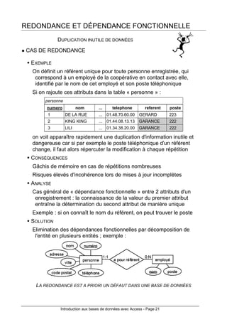 Introduction aux bases de données avec Access - Page 21
REDONDANCE ET DÉPENDANCE FONCTIONNELLE
DUPLICATION INUTILE DE DONNÉES
CAS DE REDONDANCE
EXEMPLE
On définit un référent unique pour toute personne enregistrée, qui
correspond à un employé de la coopérative en contact avec elle,
identifié par le nom de cet employé et son poste téléphonique
Si on rajoute ces attributs dans la table « personne » :
personne
numero nom ... telephone referent poste
1 DE LA RUE ... 01.48.70.60.00 GERARD 223
2 KING KING ... 01.44.08.13.13 GARANCE 222
3 LILI ... 01.34.38.20.00 GARANCE 222
on voit apparaître rapidement une duplication d'information inutile et
dangereuse car si par exemple le poste téléphonique d'un référent
change, il faut alors répercuter la modification à chaque répétition
CONSÉQUENCES
Gâchis de mémoire en cas de répétitions nombreuses
Risques élevés d'incohérence lors de mises à jour incomplètes
ANALYSE
Cas général de « dépendance fonctionnelle » entre 2 attributs d'un
enregistrement : la connaissance de la valeur du premier attribut
entraîne la détermination du second attribut de manière unique
Exemple : si on connaît le nom du référent, on peut trouver le poste
SOLUTION
Elimination des dépendances fonctionnelles par décomposition de
l'entité en plusieurs entités ; exemple :
LA REDONDANCE EST A PRIORI UN DÉFAUT DANS UNE BASE DE DONNÉES
 