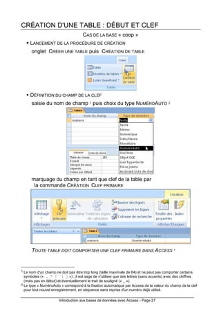 Introduction aux bases de données avec Access - Page 27
CRÉATION D'UNE TABLE : DÉBUT ET CLEF
CAS DE LA BASE « coop »
LANCEMENT DE LA PROCÉDURE DE CRÉATION
onglet CRÉER UNE TABLE puis CRÉATION DE TABLE
DÉFINITION DU CHAMP DE LA CLEF
saisie du nom de champ 1 puis choix du type NUMÉROAUTO 2
marquage du champ en tant que clef de la table par
la commande CRÉATION CLEF PRIMAIRE
TOUTE TABLE DOIT COMPORTER UNE CLEF PRIMAIRE DANS ACCESS 1
1 Le nom d'un champ ne doit pas être trop long (taille maximale de 64) et ne peut pas comporter certains
symboles (« . " ! `[ ] ») ; il est sage de n'utiliser que des lettres (sans accents) avec des chiffres
(mais pas en début) et éventuellement le trait de souligné (« _ »).
2 Le type « NuméroAuto » correspond à la fixation automatique par Access de la valeur du champ de la clef
pour tout nouvel enregistrement, en séquence sans reprise d'un numéro déjà utilisé.
 