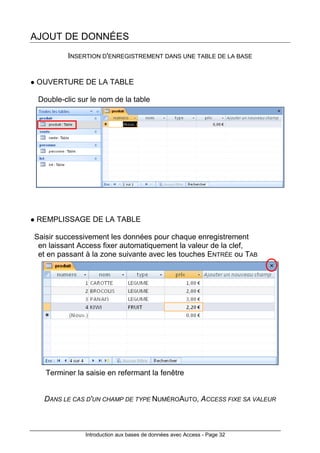 Introduction aux bases de données avec Access - Page 32
AJOUT DE DONNÉES
INSERTION D'ENREGISTREMENT DANS UNE TABLE DE LA BASE
OUVERTURE DE LA TABLE
Double-clic sur le nom de la table
REMPLISSAGE DE LA TABLE
Saisir successivement les données pour chaque enregistrement
en laissant Access fixer automatiquement la valeur de la clef,
et en passant à la zone suivante avec les touches ENTRÉE ou TAB
Terminer la saisie en refermant la fenêtre
DANS LE CAS D'UN CHAMP DE TYPE NUMÉROAUTO, ACCESS FIXE SA VALEUR
 