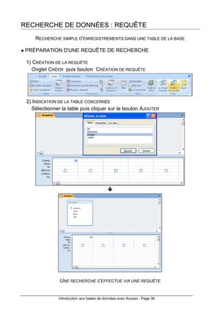 Introduction aux bases de données avec Access - Page 36
RECHERCHE DE DONNÉES : REQUÊTE
RECHERCHE SIMPLE D'ENREGISTREMENTS DANS UNE TABLE DE LA BASE
PRÉPARATION D'UNE REQUÊTE DE RECHERCHE
1) CRÉATION DE LA REQUÊTE
Onglet CRÉER puis bouton CRÉATION DE REQUÊTE
2) INDICATION DE LA TABLE CONCERNÉE
Sélectionner la table puis cliquer sur le bouton AJOUTER
UNE RECHERCHE S'EFFECTUE VIA UNE REQUÊTE
 