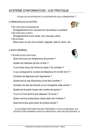 Introduction aux bases de données avec Access - Page 5
SYSTÈME D'INFORMATION : VUE PRATIQUE
A QUELLES SITUATIONS DE LA COOPÉRATIVE CELA CORRESPOND ?
PRINCIPALES ACTIVITÉS
DU CÔTÉ DES FOURNISSEURS
Enregistrement d'un nouveau lot, fournisseur ou produit
DU CÔTÉ DES CLIENTS
Enregistrement d'une vente, d'un nouveau client,
EN INTERNE
Mise à jour du prix d'un produit, rapports, état du stock, etc.
SUIVI GÉNÉRAL
EXEMPLES DE QUESTIONS
Quel est le prix du kilogramme de pomme ?
Quelle est l'adresse de De La Rue ?
Y-a-t-il des choux de Chine en stock ? Et combien ?
A qui correspond le numéro de téléphone 01.44.08.16.01 ?
Combien de légumes sont répertoriés ?
Quand est-ce que King King a livré des carottes ?
Combien de lots de brocolis a-t-on enregistré cette année ?
Quelle est le poids moyen des ventes de panais ?
Y-a-t-il un fruit dont le prix dépasse 10 euros ?
Quels sont les producteurs situés dans les Yvelines ?
Quel est le plus gros stock de produit actuel ?
LE SYSTÈME D'INFORMATION DOIT RÉPONDRE À TOUS LES BESOINS, QUI
DOIVENT ÊTRE EXAMINÉS AVANT SA CRÉATION (« ANALYSE DES BESOINS »)
 
