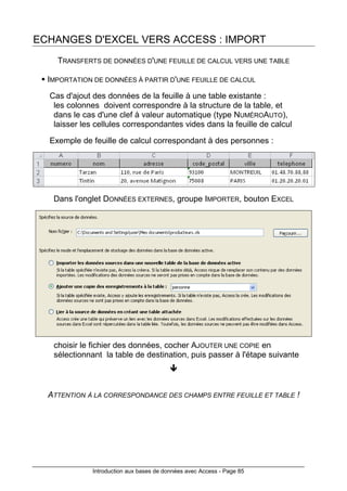 Introduction aux bases de données avec Access - Page 85
ECHANGES D'EXCEL VERS ACCESS : IMPORT
TRANSFERTS DE DONNÉES D'UNE FEUILLE DE CALCUL VERS UNE TABLE
IMPORTATION DE DONNÉES À PARTIR D'UNE FEUILLE DE CALCUL
Cas d'ajout des données de la feuille à une table existante :
les colonnes doivent correspondre à la structure de la table, et
dans le cas d'une clef à valeur automatique (type NUMÉROAUTO),
laisser les cellules correspondantes vides dans la feuille de calcul
Exemple de feuille de calcul correspondant à des personnes :
Dans l'onglet DONNÉES EXTERNES, groupe IMPORTER, bouton EXCEL
choisir le fichier des données, cocher AJOUTER UNE COPIE en
sélectionnant la table de destination, puis passer à l'étape suivante
ATTENTION À LA CORRESPONDANCE DES CHAMPS ENTRE FEUILLE ET TABLE !
 