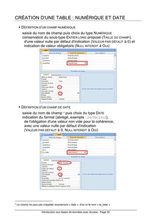 Introduction aux bases de données avec Access - Page 30
CRÉATION D'UNE TABLE : NUMÉRIQUE ET DATE
DÉFINITION D'UN CHAMP NUMÉRIQUE
saisie du nom de champ puis choix du type NUMÉRIQUE
conservation du sous-type ENTIER LONG proposé (TAILLE DU CHAMP),
d'une valeur nulle par défaut d'indication (VALEUR PAR DÉFAUT à 0) et
indication de valeur obligatoire (NULL INTERDIT à OUI)
DÉFINITION D'UN CHAMP DE DATE
saisie du nom de champ 1 puis choix du type DATE
indication du format (abrégé, exemple : 26/09/2012),
de l'obligation d'une valeur non vide pour la cohérence,
avec une valeur nulle par défaut d'indication
(VALEUR PAR DÉFAUT à 0, NULL INTERDIT à OUI)
1 Le champ ne peut pas s'appeler exactement « date », d'où ici le nom « la_date »
 