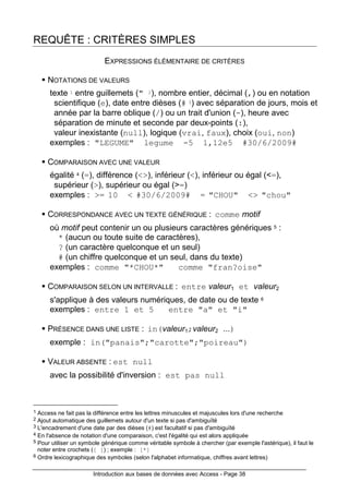 Introduction aux bases de données avec Access - Page 38
REQUÊTE : CRITÈRES SIMPLES
EXPRESSIONS ÉLÉMENTAIRE DE CRITÈRES
NOTATIONS DE VALEURS
texte 1 entre guillemets (" 2), nombre entier, décimal (,) ou en notation
scientifique (e), date entre dièses (# 3) avec séparation de jours, mois et
année par la barre oblique (/) ou un trait d'union (-), heure avec
séparation de minute et seconde par deux-points (:),
valeur inexistante (null), logique (vrai, faux), choix (oui, non)
exemples : "LEGUME" legume -5 1,12e5 #30/6/2009#
COMPARAISON AVEC UNE VALEUR
égalité 4 (=), différence (<>), inférieur (<), inférieur ou égal (<=),
supérieur (>), supérieur ou égal (>=)
exemples : >= 10 < #30/6/2009# = "CHOU" <> "chou"
CORRESPONDANCE AVEC UN TEXTE GÉNÉRIQUE : comme motif
où motif peut contenir un ou plusieurs caractères génériques 5 :
* (aucun ou toute suite de caractères),
? (un caractère quelconque et un seul)
# (un chiffre quelconque et un seul, dans du texte)
exemples : comme "*CHOU*" comme "fran?oise"
COMPARAISON SELON UN INTERVALLE : entre valeur1 et valeur2
s'applique à des valeurs numériques, de date ou de texte 6
exemples : entre 1 et 5 entre "a" et "i"
PRÉSENCE DANS UNE LISTE : in(valeur1;valeur2 ...)
exemple : in("panais";"carotte";"poireau")
VALEUR ABSENTE : est null
avec la possibilité d'inversion : est pas null
1 Access ne fait pas la différence entre les lettres minuscules et majuscules lors d'une recherche
2 Ajout automatique des guillemets autour d'un texte si pas d'ambiguïté
3 L'encadrement d'une date par des dièses (#) est facultatif si pas d'ambiguïté
4 En l'absence de notation d'une comparaison, c'est l'égalité qui est alors appliquée
5 Pour utiliser un symbole générique comme véritable symbole à chercher (par exemple l'astérique), il faut le
noter entre crochets ([ ]) ; exemple : [*]
6 Ordre lexicographique des symboles (selon l'alphabet informatique, chiffres avant lettres)
 