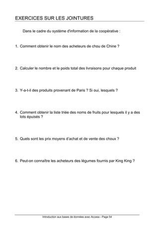 Introduction aux bases de données avec Access - Page 54
EXERCICES SUR LES JOINTURES
Dans le cadre du système d'information de la coopérative :
1. Comment obtenir le nom des acheteurs de chou de Chine ?
2. Calculer le nombre et le poids total des livraisons pour chaque produit
3. Y-a-t-il des produits provenant de Paris ? Si oui, lesquels ?
4. Comment obtenir la liste triée des noms de fruits pour lesquels il y a des
lots épuisés ?
5. Quels sont les prix moyens d’achat et de vente des choux ?
6. Peut-on connaître les acheteurs des légumes fournis par King King ?
 