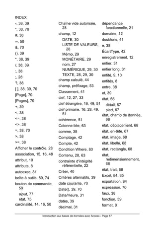 Introduction aux bases de données avec Access - Page 87
INDEX
-, 38, 39
", 38, 70
#, 38
∞, 50
&, 70
(), 39
*, 38, 39
/, 38, 39
:, 38
;, 28
?, 38
[ ], 38, 39, 70
[Page], 70
[Pages], 70
+, 39
<, 38
<=, 38
<>, 38
=, 38, 70
>, 38
>=, 38
Afficher le contrôle, 28
association, 15, 16, 48
attribut, 10
attributs, 8
autoexec, 81
boîte à outils, 59, 74
bouton de commande,
59
ajout, 77
état, 75
cardinalité, 14, 16, 50
Chaîne vide autorisée,
28
champ, 12
DATE, 30
LISTE DE VALEURS,
28
Mémo, 29
MONÉTAIRE, 29
nom, 27
NUMÉRIQUE, 29, 30
TEXTE, 28, 29, 30
champ calculé, 44
champ, préfixage, 53
Classement, 41
clef, 12, 27, 33
clef étrangère, 16, 49, 51
clef primaire, 16, 28, 49,
51
cohérence, 51
Colonne liée, 63
comme, 38
Comptage, 42
Compte, 42
Condition Where, 80
Contenu, 28, 63
contrainte d'intégrité
référentielle, 22
Créer, 40
Critères alternatifs, 39
date courante, 70
Date(), 39, 70
Date/Heure, 31
dates, 39
décimal, 31
dépendance
fonctionnelle, 21
domaine, 12
doublons, 41
e, 38
ÉcartType, 42
enregistrement, 12
entier, 31
entier long, 31
entité, 9, 10
entités, 8
entre, 38
et, 39
état, 66
détail, 67
pied, 67
état, champ de donnée,
68
état, déplacement, 68
état, en-tête, 67
état, image, 68
état, libellé, 68
état, rectangle, 68
état,
redimensionnement,
68
état, trait, 68
Excel, 84, 85
exportation, 84
expression, 70
faux, 38
fonction, 39
format, 8
 