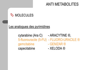 Les analogues des pyrimidines
cytarabine (Ara C) - ARACYTINE ®,
5-fluorouracile (5-FU) - FLUORO-URACILE ®
gemcitabine - GEMZAR ®
capecitabine - XELODA ®
ANTI METABOLITES
 MOLECULES
 
