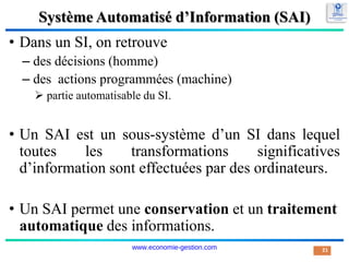 Système Automatisé d’Information (SAI)
• Dans un SI, on retrouve
– des décisions (homme)
– des actions programmées (machine)
 partie automatisable du SI.
• Un SAI est un sous-système d’un SI dans lequel
toutes les transformations significatives
d’information sont effectuées par des ordinateurs.
• Un SAI permet une conservation et un traitement
automatique des informations.
21
www.economie-gestion.com
 