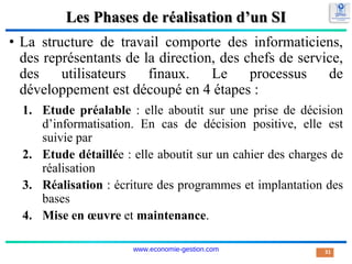 Les Phases de réalisation d’un SI
• La structure de travail comporte des informaticiens,
des représentants de la direction, des chefs de service,
des utilisateurs finaux. Le processus de
développement est découpé en 4 étapes :
1. Etude préalable : elle aboutit sur une prise de décision
d’informatisation. En cas de décision positive, elle est
suivie par
2. Etude détaillée : elle aboutit sur un cahier des charges de
réalisation
3. Réalisation : écriture des programmes et implantation des
bases
4. Mise en œuvre et maintenance.
31
www.economie-gestion.com
 