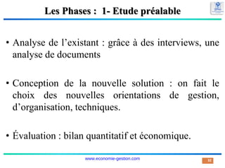 Les Phases : 1- Etude préalable
• Analyse de l’existant : grâce à des interviews, une
analyse de documents
• Conception de la nouvelle solution : on fait le
choix des nouvelles orientations de gestion,
d’organisation, techniques.
• Évaluation : bilan quantitatif et économique.
32
www.economie-gestion.com
 