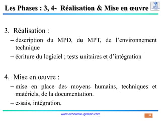Les Phases : 3, 4- Réalisation & Mise en œuvre
3. Réalisation :
– description du MPD, du MPT, de l’environnement
technique
– écriture du logiciel ; tests unitaires et d’intégration
4. Mise en œuvre :
– mise en place des moyens humains, techniques et
matériels, de la documentation.
– essais, intégration.
34
www.economie-gestion.com
 