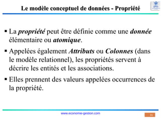 Le modèle conceptuel de données - Propriété
 La propriété peut être définie comme une donnée
élémentaire ou atomique.
 Appelées également Attributs ou Colonnes (dans
le modèle relationnel), les propriétés servent à
décrire les entités et les associations.
 Elles prennent des valeurs appelées occurrences de
la propriété.
31
www.economie-gestion.com
 