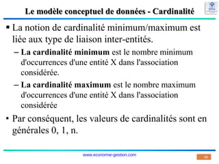 Le modèle conceptuel de données - Cardinalité
 La notion de cardinalité minimum/maximum est
liée aux type de liaison inter-entités.
– La cardinalité minimum est le nombre minimum
d'occurrences d'une entité X dans l'association
considérée.
– La cardinalité maximum est le nombre maximum
d'occurrences d'une entité X dans l'association
considérée
• Par conséquent, les valeurs de cardinalités sont en
générales 0, 1, n.
40
www.economie-gestion.com
 
