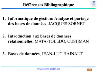 Références Bibliographique
1. Informatique de gestion: Analyse et partage
des bases de données, JACQUES SORNET
2. Introduction aux bases de données
relationnelles. MATA-TOLEDO, CUSHMAN
3. Bases de données, JEAN-LUC HAINAUT
65
www.economie-gestion.com
 