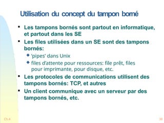 Utilisation du concept du tampon borné
Ch.4 38

Les tampons bornés sont partout en informatique,
et partout dans les SE

Les files utilisées dans un SE sont des tampons
bornés:
 ‘pipes’ dans Unix
 files d’attente pour ressources: file prêt, files
pour imprimante, pour disque, etc.

Les protocoles de communications utilisent des
tampons bornés: TCP, et autres

Un client communique avec un serveur par des
tampons bornés, etc.
 