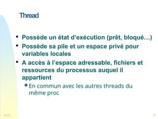 Thread
Ch.5 8

Possède un état d’exécution (prêt, bloqué…)

Possède sa pile et un espace privé pour
variables locales

A accès à l’espace adressable, fichiers et
ressources du processus auquel il
appartient
En commun avec les autres threads du
même proc
 