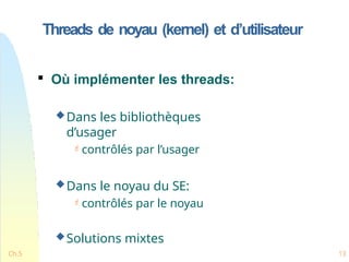 Threads de noyau (kernel) et d’utilisateur
Ch.5 13

Où implémenter les threads:
Dans les bibliothèques
d’usager
 contrôlés par l’usager
Dans le noyau du SE:
 contrôlés par le noyau
Solutions mixtes
 