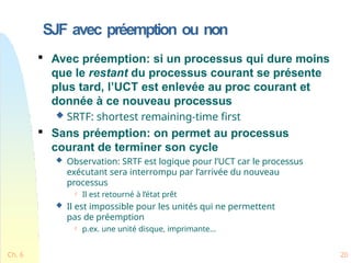 SJF avec préemption ou non
Ch. 6 20

Avec préemption: si un processus qui dure moins
que le restant du processus courant se présente
plus tard, l’UCT est enlevée au proc courant et
donnée à ce nouveau processus
 SRTF: shortest remaining-time first

Sans préemption: on permet au processus
courant de terminer son cycle
 Observation: SRTF est logique pour l’UCT car le processus
exécutant sera interrompu par l’arrivée du nouveau
processus
 Il est retourné à l’état prêt
 Il est impossible pour les unités qui ne permettent
pas de préemption
 p.ex. une unité disque, imprimante…
 