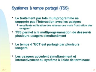 Systèmes à temps partagé (TSS)
Ch. 1 28

Le traitement par lots multiprogrammé ne
supporte pas l’interaction avec les usagers
 excellente utilisation des ressources mais frustration des
usagers!

TSS permet à la multiprogrammation de desservir
plusieurs usagers simultanément

Le temps d ’UCT est partagé par plusieurs
usagers

Les usagers accèdent simultanément et
interactivement au système à l’aide de terminaux
 