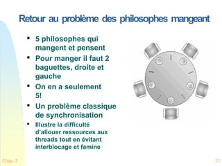 Retour au problème des philosophes mangeant

5 philosophes qui
mangent et pensent

Pour manger il faut 2
baguettes, droite et
gauche

On en a seulement
5!

Un problème classique
de synchronisation

Illustre la difficulté
d’allouer ressources aux
threads tout en évitant
interblocage et famine
Chap. 7 27
 
