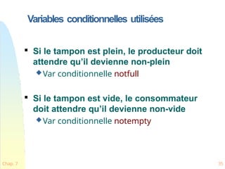 Variables conditionnelles utilisées
Chap. 7 35

Si le tampon est plein, le producteur doit
attendre qu’il devienne non-plein
Var conditionnelle notfull

Si le tampon est vide, le consommateur
doit attendre qu’il devienne non-vide
Var conditionnelle notempty
 