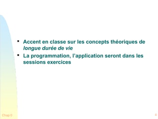 
Accent en classe sur les concepts théoriques de
longue durée de vie

La programmation, l’application seront dans les
sessions exercices
Chap 0 4
 