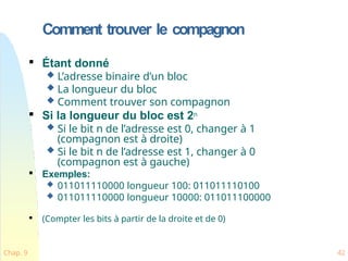 Comment trouver le compagnon
Chap. 9 42

Étant donné
 L’adresse binaire d’un bloc
 La longueur du bloc
 Comment trouver son compagnon

Si la longueur du bloc est 2n
 Si le bit n de l’adresse est 0, changer à 1
(compagnon est à droite)
 Si le bit n de l’adresse est 1, changer à 0
(compagnon est à gauche)

Exemples:
 011011110000 longueur 100: 011011110100
 011011110000 longueur 10000: 011011100000

(Compter les bits à partir de la droite et de 0)
 