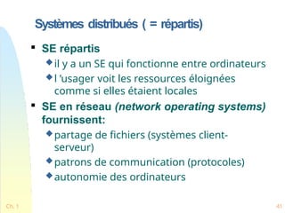 Systèmes distribués ( = répartis)
Ch. 1 41

SE répartis
il y a un SE qui fonctionne entre ordinateurs
l ’usager voit les ressources éloignées
comme si elles étaient locales

SE en réseau (network operating systems)
fournissent:
partage de fichiers (systèmes client-
serveur)
patrons de communication (protocoles)
autonomie des ordinateurs
 