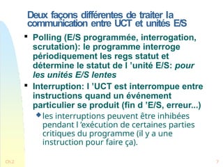 Deux façons différentes de traiter la
communication entre UCT et unités E/S
Ch.2 7

Polling (E/S programmée, interrogation,
scrutation): le programme interroge
périodiquement les regs statut et
détermine le statut de l ’unité E/S: pour
les unités E/S lentes

Interruption: l ’UCT est interrompue entre
instructions quand un événement
particulier se produit (fin d ’E/S, erreur...)
les interruptions peuvent être inhibées
pendant l ’exécution de certaines parties
critiques du programme (il y a une
instruction pour faire ça).
 