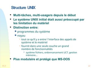 Structure UNIX
Ch.3 22

Multi-tâches, multi-usagers depuis le début

Le système UNIX initial était aussi préoccupé par
les limitation du matériel

Distinction entre:
 programmes du système
 noyau
 tout ce qu’il y a entre l ’interface des appels de
système et le matériel
 fournit dans une seule couche un grand
nombre de fonctionnalités
• système fichiers, ordonnancement UCT, gestion
mémoire...

Plus modulaire et protégé que MS-DOS
 