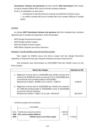 114
Fournisseurs- factures non parvenues est tenu comme 4411 Fournisseurs TVA incluse.
Les deux comptes 3458 et 4417 sont en fait des comptes d’attente.
- En N+1, le comptable a le choix entre :
 contrepasser la dernière écriture et passer normalement la facture reçue,
 ou soldé le compte 4417 par le compte 4411 et le compte 3458 par le compte
34552.
A retenir
Le compte 4417 Fournisseurs-factures non parvenus doit être remplacé dans certaines
opérations par le compte correspondant. A titre d’exemples :
- 4437 Charges de personnel à payer ;
- 4447 Charges sociales à payer ;
- 4457 Etat impôts et taxes à payer ;
- 4487 Dettes rattachés aux autres créanciers.
Exemple 2. Cas des intérêts courus et non échus à payer
Pour rappel, les intérêts courus non échus à payer sont des charges financières
rattachées à l’exercice N mais pour lesquels l’échéance est dans l’exercice N+1.
Une entreprise vous communique au 31/12/2004 l’état des intérêts courus et non
échus à payer :
Nature des charges Montant en DH
1. Règlement à terme échu le 31/01/2005 des intérêts annuels d’un
emprunt de 20 000 DH conclu au taux de 12 % le 31/01/2004 pour
une durée de 4 ans (remboursable le 31/01/2005).
Montant de l’intérêt = 20 000 x 12 % x 11/12 = 2 200 HT.
2. Règlement à terme échu le 31/03/2005 des intérêts d’un emprunt
de 5 000 DH (remboursable le 31/03/2005) conclu le 01/10/2004
au taux de 7,5% par semestre.
Montant de l’intérêt = 5 000 x 7,5 % x 3/6 = 187,50 HT.
2 200 HT
187,50 HT
- L’écriture à passer est la suivante :
31/12/2004
6311 Intérêts des emprunts et dettes 2 387,50
3458 Etat, autres comptes débiteurs 167,13
4493 Intérêts courus et non échus à payer 2 554,63
 