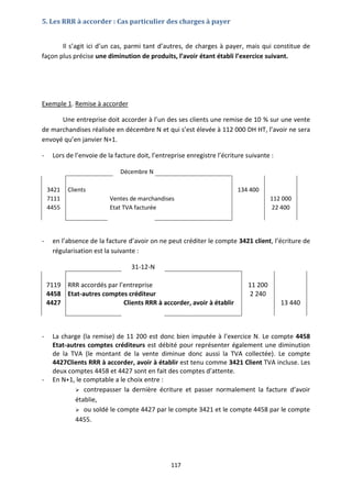 117
5. Les RRR à accorder : Cas particulier des charges à payer
Il s’agit ici d’un cas, parmi tant d’autres, de charges à payer, mais qui constitue de
façon plus précise une diminution de produits, l’avoir étant établi l’exercice suivant.
Exemple 1. Remise à accorder
Une entreprise doit accorder à l’un des ses clients une remise de 10 % sur une vente
de marchandises réalisée en décembre N et qui s’est élevée à 112 000 DH HT, l’avoir ne sera
envoyé qu’en janvier N+1.
- Lors de l’envoie de la facture doit, l’entreprise enregistre l’écriture suivante :
Décembre N
3421 Clients 134 400
7111 Ventes de marchandises 112 000
4455 Etat TVA facturée 22 400
- en l’absence de la facture d’avoir on ne peut créditer le compte 3421 client, l’écriture de
régularisation est la suivante :
31-12-N
7119 RRR accordés par l’entreprise 11 200
4458 Etat-autres comptes créditeur 2 240
4427 Clients RRR à accorder, avoir à établir 13 440
- La charge (la remise) de 11 200 est donc bien imputée à l’exercice N. Le compte 4458
Etat-autres comptes créditeurs est débité pour représenter également une diminution
de la TVA (le montant de la vente diminue donc aussi la TVA collectée). Le compte
4427Clients RRR à accorder, avoir à établir est tenu comme 3421 Client TVA incluse. Les
deux comptes 4458 et 4427 sont en fait des comptes d’attente.
- En N+1, le comptable a le choix entre :
 contrepasser la dernière écriture et passer normalement la facture d’avoir
établie,
 ou soldé le compte 4427 par le compte 3421 et le compte 4458 par le compte
4455.
 