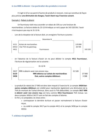 118
6. Les RRR à obtenir : Cas particulier des produits à recevoir
Il s’agit ici d’un cas parmi d’autres de produits à recevoir, mais qui constitue de façon
plus précise une diminution de charges, l’avoir étant reçu l’exercice suivant.
Exemple 1. Rabais à obtenir
Un fournisseur doit nous accorder un rabais de 15% sur une livraison de
marchandises. La facture datée du 23-12-N indique un net à payer de 143 520 DH, l’avoir
n’est toujours pas reçu le 31-12-N.
- Lors de la réception de la facture doit, on enregistre l’écriture suivante :
Décembre N
6111 Achats de marchandises 119 600
34552 Etat TVA récupé/charg 28 704
4411 Fournisseurs 143 520
- en l’absence de la facture d’avoir on ne peut débiter le compte 4411 Fournisseur,
l’écriture de régularisation est la suivante :
31-12-N
3417 RRR à obtenir avoir non encore reçu 21 528
6119 RRR obtenus sur achats de marchandises 17 940
3458 Etat, autres comptes débiteurs 3 588
- Le produit (le rabais) de 17 940 est donc bien imputé à l’exercice N. Le compte 3458 Etat-
autres comptes débiteurs est crédité pour représenter également une diminution de la
TVA (le montant de l’achat diminue, donc aussi la TVA déductible). Le compte 3417 RRR
à obtenir avoir non encore reçu est tenu comme 4411 Fournisseurs TVA incluse. Les
deux comptes 3458 et 34177 sont en fait des comptes d’attente.
- En N+1, le comptable a le choix entre :
 contrepasser la dernière écriture et passer normalement la facture d’avoir
reçue,
 ou soldé le compte 3417 par le compte 4411 et le compte 3458 par le compte
34552.
7. schéma récapitulatif
 