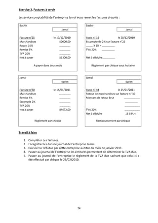 24
Exercice 2. Factures à servir
Le service comptabilité de l’entreprise Jamal vous remet les factures ci-après :
Bachir Bachir
Jamal Jamal
Facture n°25 le 10/12/2010 Avoir n° 19 le 20/12/2010
Marchandises 50000,00 Escompte de 2% sur facture n°25
Rabais 10% ……………. ………. X 2% = ……………….
Remise 5% ……………. TVA 20% ……………….
TVA 20% …………….
Net à payer 51300,00 Net à déduire……………….
A payer dans deux mois Règlement par chèque sous huitaine
Jamal Jamal
Karim Karim
Facture n°30 le 14/01/2011 Avoir n° 44 le 25/01/2011
Marchandises …………….. Retour de marchandises sur facture n° 30
Remise 4% ……………. Montant de retour brut ……………………
Escompte 2% ……………. ……………….
TVA 20% ……………. …………………..
Net à payer 84672,00 TVA 20% …………………..
Net à déduire 16 934,4
Règlement par chèque Remboursement par chèque
Travail à faire
1. Compléter ces factures.
2. Enregistrer les dans le journal de l’entreprise Jamal.
3. Calculer la TVA due par cette entreprise au titre du mois de janvier 2011.
4. Passer au journal de l’entreprise les écritures permettant de déterminer la TVA due.
5. Passer au journal de l’entreprise le règlement de la TVA due sachant que celui-ci a
été effectué par chèque le 26/02/2010.
 