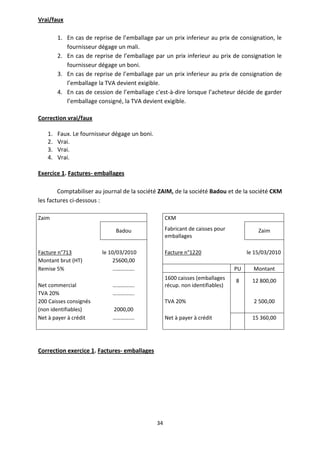 34
Vrai/faux
1. En cas de reprise de l’emballage par un prix inferieur au prix de consignation, le
fournisseur dégage un mali.
2. En cas de reprise de l’emballage par un prix inferieur au prix de consignation le
fournisseur dégage un boni.
3. En cas de reprise de l’emballage par un prix inferieur au prix de consignation de
l’emballage la TVA devient exigible.
4. En cas de cession de l’emballage c'est-à-dire lorsque l’acheteur décide de garder
l’emballage consigné, la TVA devient exigible.
Correction vrai/faux
1. Faux. Le fournisseur dégage un boni.
2. Vrai.
3. Vrai.
4. Vrai.
Exercice 1. Factures- emballages
Comptabiliser au journal de la société ZAIM, de la société Badou et de la société CKM
les factures ci-dessous :
Zaim CKM
Badou Fabricant de caisses pour
emballages
Zaim
Facture n°713 le 10/03/2010 Facture n°1220 le 15/03/2010
Montant brut (HT) 25600,00
Remise 5% ……………. PU Montant
Net commercial …………….
1600 caisses (emballages
récup. non identifiables)
8 12 800,00
TVA 20% …………….
200 Caisses consignés TVA 20% 2 500,00
(non identifiables) 2000,00
Net à payer à crédit ……………. Net à payer à crédit 15 360,00
Correction exercice 1. Factures- emballages
 