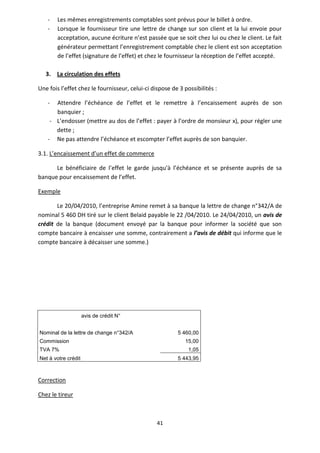 41
- Les mêmes enregistrements comptables sont prévus pour le billet à ordre.
- Lorsque le fournisseur tire une lettre de change sur son client et la lui envoie pour
acceptation, aucune écriture n’est passée que se soit chez lui ou chez le client. Le fait
générateur permettant l’enregistrement comptable chez le client est son acceptation
de l’effet (signature de l’effet) et chez le fournisseur la réception de l’effet accepté.
3. La circulation des effets
Une fois l’effet chez le fournisseur, celui-ci dispose de 3 possibilités :
- Attendre l’échéance de l’effet et le remettre à l’encaissement auprès de son
banquier ;
- L’endosser (mettre au dos de l’effet : payer à l’ordre de monsieur x), pour régler une
dette ;
- Ne pas attendre l’échéance et escompter l’effet auprès de son banquier.
3.1. L’encaissement d’un effet de commerce
Le bénéficiaire de l’effet le garde jusqu'à l’échéance et se présente auprès de sa
banque pour encaissement de l’effet.
Exemple
Le 20/04/2010, l’entreprise Amine remet à sa banque la lettre de change n°342/A de
nominal 5 460 DH tiré sur le client Belaid payable le 22 /04/2010. Le 24/04/2010, un avis de
crédit de la banque (document envoyé par la banque pour informer la société que son
compte bancaire à encaisser une somme, contrairement a l’avis de débit qui informe que le
compte bancaire à décaisser une somme.)
avis de crédit N°
Nominal de la lettre de change n°342/A 5 460,00
Commission 15,00
TVA 7% 1,05
Net à votre crédit 5 443,95
Correction
Chez le tireur
 