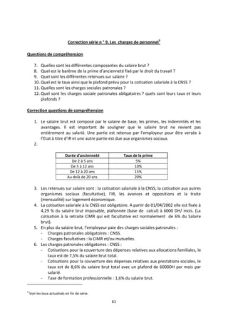 61
Correction série n ° 9. Les charges de personnel3
Questions de compréhension
7. Quelles sont les différentes composantes du salaire brut ?
8. Quel est le barème de la prime d’ancienneté fixé par le droit du travail ?
9. Quel sont les différentes retenues sur salaire ?
10. Quel est le taux ainsi que le plafond prévu pour la cotisation salariale à la CNSS ?
11. Quelles sont les charges sociales patronales ?
12. Quel sont les charges sociale patronales obligatoires ? quels sont leurs taux et leurs
plafonds ?
Correction questions de compréhension
1. Le salaire brut est composé par le salaire de base, les primes, les indemnités et les
avantages. Il est important de souligner que le salaire brut ne revient pas
entièrement au salarié. Une partie est retenue par l’employeur pour être versée à
l’Etat à titre d’IR et une autre partie est due aux organismes sociaux.
2.
Durée d'ancienneté Taux de la prime
De 2 à 5 ans 5%
De 5 à 12 ans 10%
De 12 à 20 ans 15%
Au delà de 20 ans 20%
3. Les retenues sur salaire sont : la cotisation salariale à la CNSS, la cotisation aux autres
organismes sociaux (facultative), l’IR, les avances et oppositions et la traite
(mensualité) sur logement économique.
4. La cotisation salariale à la CNSS est obligatoire. A partir de 01/04/2002 elle est fixée à
4,29 % du salaire brut imposable, plafonnée (base de calcul) à 6000 DH/ mois. (La
cotisation à la retraite CIMR qui est facultative est normalement de 6% du Salaire
brut).
5. En plus du salaire brut, l’employeur paie des charges sociales patronales :
- Charges patronales obligatoires : CNSS.
- Charges facultatives : la CIMR et/ou mutuelles.
6. Les charges patronales obligatoires : CNSS :
- Cotisations pour la couverture des dépenses relatives aux allocations familiales, le
taux est de 7,5% du salaire brut total.
- Cotisations pour la couverture des dépenses relatives aux prestations sociales, le
taux est de 8,6% du salaire brut total avec un plafond de 6000DH par mois par
salarié.
- Taxe de formation professionnelle : 1,6% du salaire brut.
3
Voir les taux actualisés en fin de série.
 