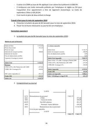 66
- Il cotise à la CIMR au taux de 6% appliqué à son salaire brut plafonné à 6 000 DH.
- Il rembourse une traite mensuelle prélevée par l’employeur et réglée au CIH pour
l’acquisition d’un appartement à titre de logement économique. La traite de
septembre s’élève à 424,30 DH.
- Il est marié et père de deux enfants à charge.
Travail à faire pour le mois de septembre 2010
3. Présenter le bulletin de paie de Mr benzekri pour le mois de septembre 2010.
4. Passer les écritures nécessaires au journal de son employeur.
Correction exercice 2.
1. Le bulletin de paie de Mr benzekri pour le mois de septembre 2010 :
Bulletin de paie de Benzekri:
Salaire de base 5 312,50 (1) Salaire imposable
Prime d'ancienneté 531,25
Prime de risque Salaire brute 6 143,75
Indemnité de transport justifiée 300,00 Indem. de transport exonérée -300,00
Indemnité de fonction Frais de déplacements justifiés 0,00
Frais de déplacements justifiés 0,00
Logement (Avantage en nature) Salaire brut imposable 5 843,75
Dédu. Forfai. 17% (SBI- Avantages) Plafond 2000 -993,44
Salaire brut 6 143,75 CNSS 4,29% x SB, Plafond de la BC 6000 -257,40
Retenues CIMR (SB- Avantages) 6% -360,00
CNSS 4,29% x SB, Plafond de la BC 6000 -257,40
CIMR ( SB- Avantages) 6% -360,00 Salaire imposable 4 232,91
Traite CIH 424,30
IGR/ salaire imposable (1) -491,35 Salaire net imposable 3 808,61
Traite CIH -424,30 IGR = SNIxIR-pers à chgx15<90 -491,35
Salaire net 4 610,70
2. Enregistrement au journal
31/09/N
6174 Rémunérations du personnel 5 843,75
4441 CNSS 257,40
4443 Caisse de retraite 360,00
44525 Etat IGR salariaux 491,35
3438 Personnel -Autres débiteurs 424,30
4432 Rémunérations due au personnel 4 310,70
Livre de paie septembre
31/03/N
5 843,75 5 843,75
 