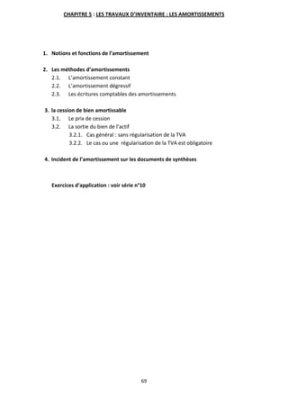 69
CHAPITRE 5 : LES TRAVAUX D’INVENTAIRE : LES AMORTISSEMENTS
1. Notions et fonctions de l’amortissement
2. Les méthodes d’amortissements
2.1. L’amortissement constant
2.2. L’amortissement dégressif
2.3. Les écritures comptables des amortissements
3. la cession de bien amortissable
3.1. Le prix de cession
3.2. La sortie du bien de l’actif
3.2.1. Cas général : sans régularisation de la TVA
3.2.2. Le cas ou une régularisation de la TVA est obligatoire
4. Incident de l’amortissement sur les documents de synthèses
Exercices d’application : voir série n°10
 