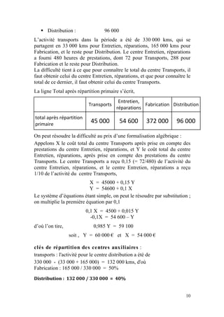  Distribution :               96 000
L’activité transports dans la période a été de 330 000 kms, qui se
partagent en 33 000 kms pour Entretien, réparations, 165 000 kms pour
Fabrication, et le reste pour Distribution. Le centre Entretien, réparations
a fourni 480 heures de prestations, dont 72 pour Transports, 288 pour
Fabrication et le reste pour Distribution.
La difficulté tient à ce que pour connaître le total du centre Transports, il
faut obtenir celui du centre Entretien, réparations, et que pour connaître le
total de ce dernier, il faut obtenir celui du centre Transports.
La ligne Total après répartition primaire s’écrit,
                                           Entretien, 
                            Transports                 Fabrication  Distribution 
                                          réparations 
total après répartition 
primaire 
                             45 000          54 600  372 000  96 000 

On peut résoudre la difficulté au prix d’une formalisation algébrique :
Appelons X le coût total du centre Transports après prise en compte des
prestations du centre Entretien, réparations, et Y le coût total du centre
Entretien, réparations, après prise en compte des prestations du centre
Transports. Le centre Transports a reçu 0,15 (= 72/480) de l’activité du
centre Entretien, réparations, et le centre Entretien, réparations a reçu
1/10 de l’activité du centre Transports,
                          X = 45000 + 0,15 Y
                          Y = 54600 + 0,1 X
Le système d’équations étant simple, on peut le résoudre par substitution ;
on multiplie la première équation par 0,1
                           0,1 X = 4500 + 0,015 Y
                             -0,1X = 54 600 – Y
d’où l’on tire,               0,985 Y = 59 100
                  soit , Y = 60 000 € et X = 54 000 €

clés de répartition des centres auxiliaires :
transports : l'activité pour le centre distribution a été de
330 000 - (33 000 + 165 000) = 132 000 kms, d'où
Fabrication : 165 000 / 330 000 = 50%
Distribution :  132 000 / 330 000  =  40% 


                                                                          10
 