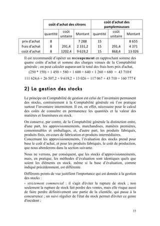 coût d'achat des 
                 coût d'achat des citrons 
                                                   pamplemousses 
                          coût                           coût 
               quantité            Montant  quantité             Montant 
                         unitaire                     unitaire 
prix d'achat      8                 7 288     15                   8 655 
frais d'achat     8       291,4  2 331,2      15        291,4      4 371 
coût d'achat      8      1202,4  9 619,2      15        868,4     13 026 
 Il est recommandé d’opérer un recoupement en rapprochant somme des
 quatre coûts d’achat et somme des charges venues de la Comptabilité
 générale ; on peut calculer auparavant le total des frais hors prix d'achat,
     (250 * 150) + 1 450 + 580 + 1 600 + 640 + 1 260 + 680 = 43 710 €
 111 624,6 + 26 507,2 + 9 619,2 + 13 026 = 117 067 + 43 710 = 160 777 €

 2) La gestion des stocks
 Le principe en Comptabilité de gestion est celui de l’inventaire permanent
 des stocks, contrairement à la Comptabilité générale où l’on pratique
 surtout l’inventaire intermittent. Il est, en effet, nécessaire pour le calcul
 des coûts de connaître en permanence les quantités et la valeur des
 matières et fournitures en stock.
 On conserve, par contre, de la Comptabilité générale la distinction entre,
 d'une part, les approvisionnements, marchandises, matières premières,
 consommables et emballages, et, d'autre part, les produits fabriqués,
 produits finis, en-cours de fabrication et produits intermédiaires.
 Concernant les approvisionnements, l’évaluation des stocks prend pour
 base le coût d’achat, et pour les produits fabriqués, le coût de production,
 que nous aborderons dans la section suivante.
 Nous ne verrons, par conséquent, que les stocks d’approvisionnements,
 mais, en pratique, les méthodes d’évaluation sont identiques quels que
 soient les éléments en stock, même si la base d’évaluation, comme
 indiqué précédemment, est différente.
 Différents points de vue justifient l'importance qui est donnée à la gestion
 des stocks :
 - strictement commercial : il s'agit d'éviter la rupture de stock ; non
 seulement la rupture de stock fait perdre des ventes, mais elle risque aussi
 de faire perdre définitivement une partie de la clientèle, qui passe à la
 concurrence ; un suivi régulier de l'état du stock permet d'éviter ce genre
 d'incident ;

                                                                            15
 