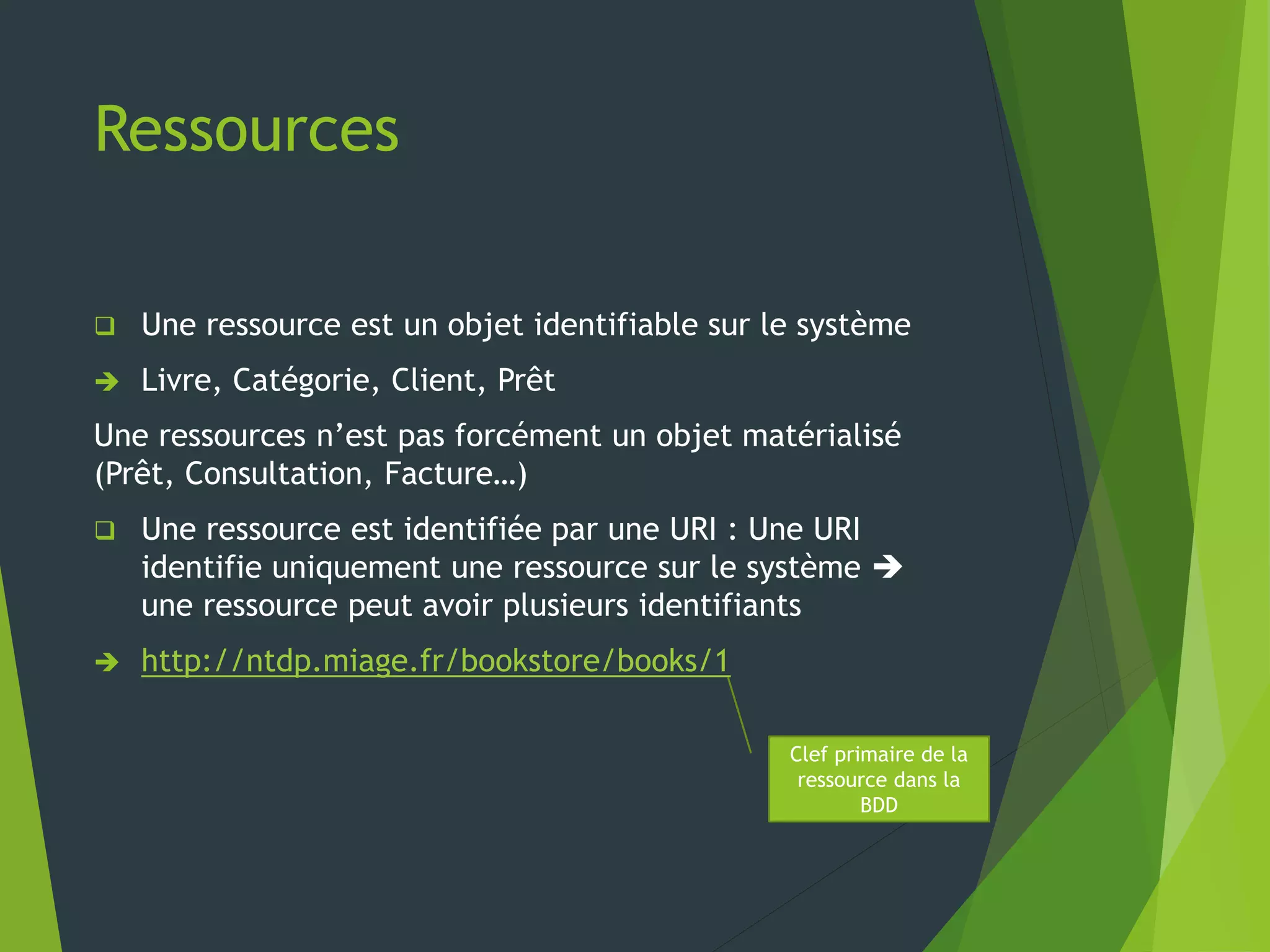 Ressources
 Une ressource est un objet identifiable sur le système
 Livre, Catégorie, Client, Prêt
Une ressources n’est pas forcément un objet matérialisé
(Prêt, Consultation, Facture…)
 Une ressource est identifiée par une URI : Une URI
identifie uniquement une ressource sur le système 
une ressource peut avoir plusieurs identifiants
 http://ntdp.miage.fr/bookstore/books/1
Clef primaire de la
ressource dans la
BDD
 