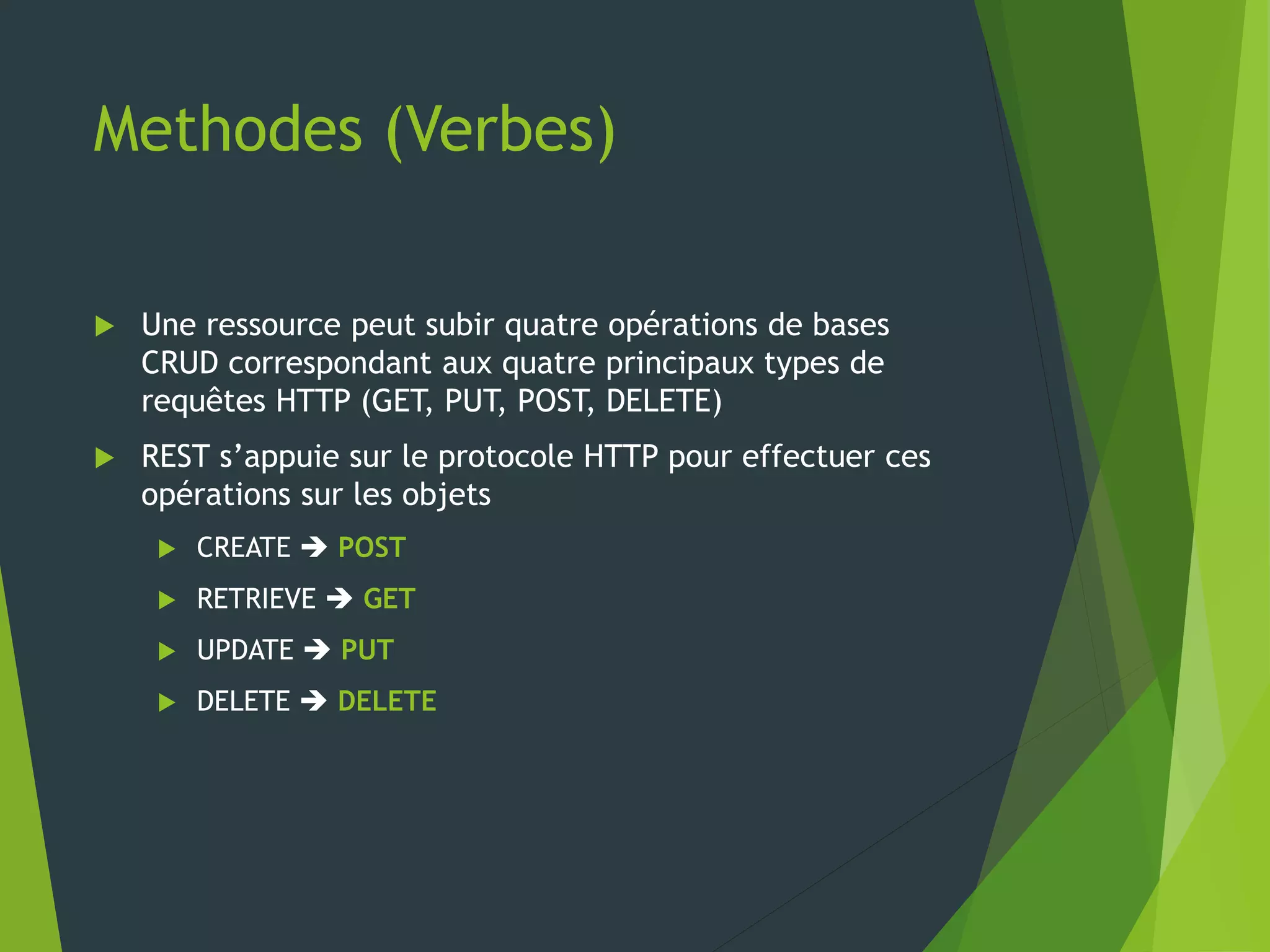 Methodes (Verbes)
 Une ressource peut subir quatre opérations de bases
CRUD correspondant aux quatre principaux types de
requêtes HTTP (GET, PUT, POST, DELETE)
 REST s’appuie sur le protocole HTTP pour effectuer ces
opérations sur les objets
 CREATE  POST
 RETRIEVE  GET
 UPDATE  PUT
 DELETE  DELETE
 