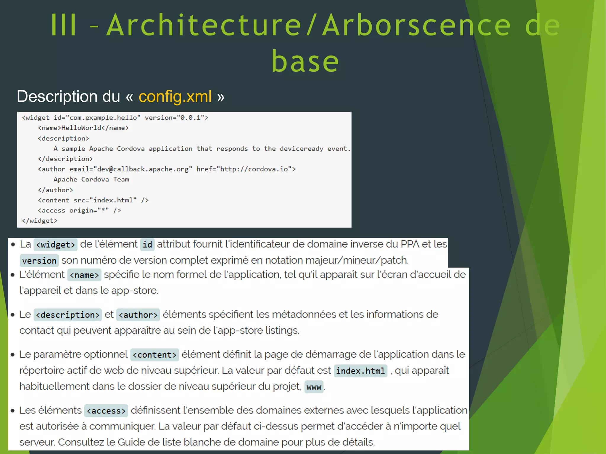 III – Architecture/Arborscence de
base
Description du « config.xml »
 