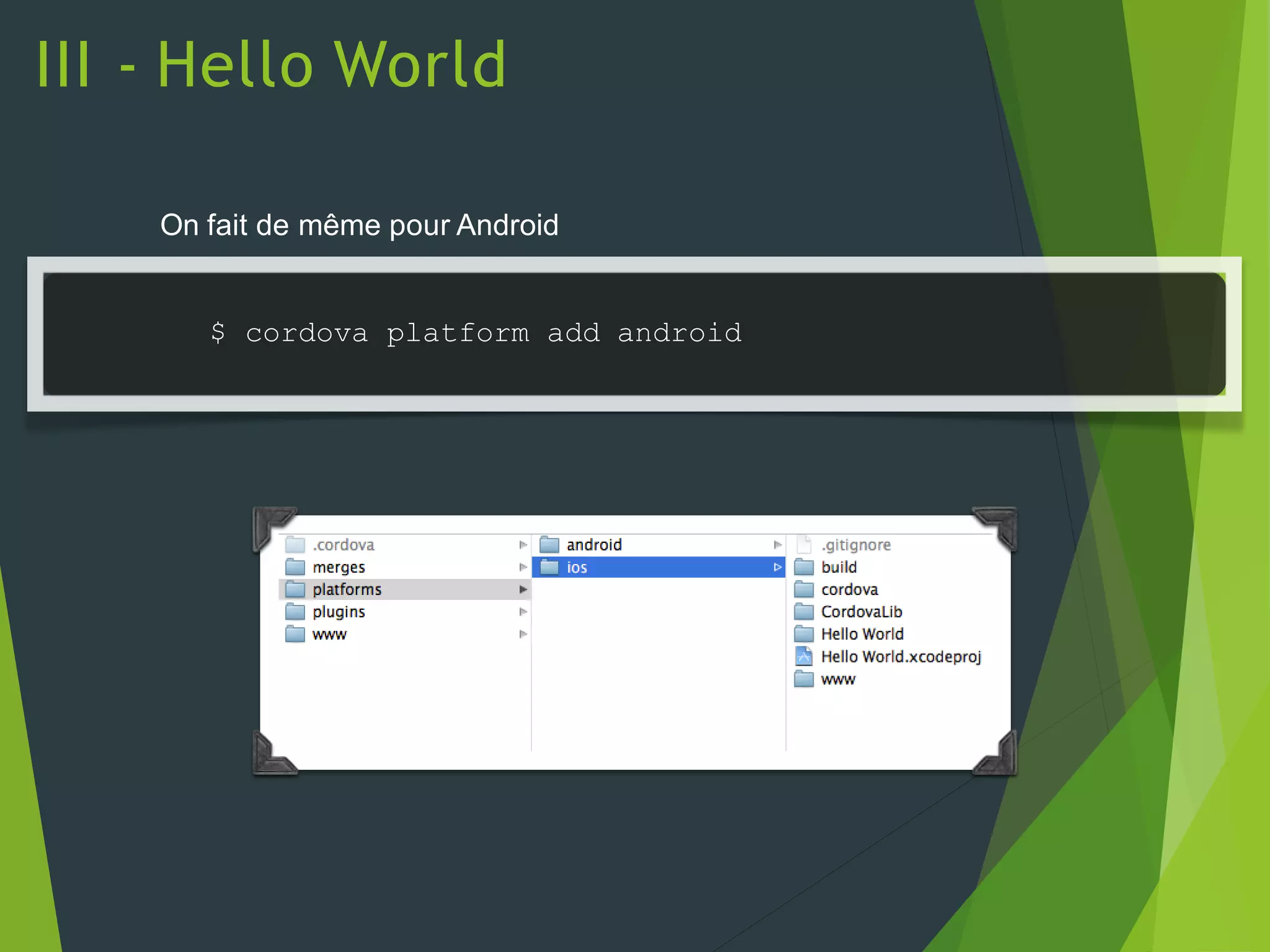 III - Hello World
On fait de même pour Android
$ cordova platform add android
 