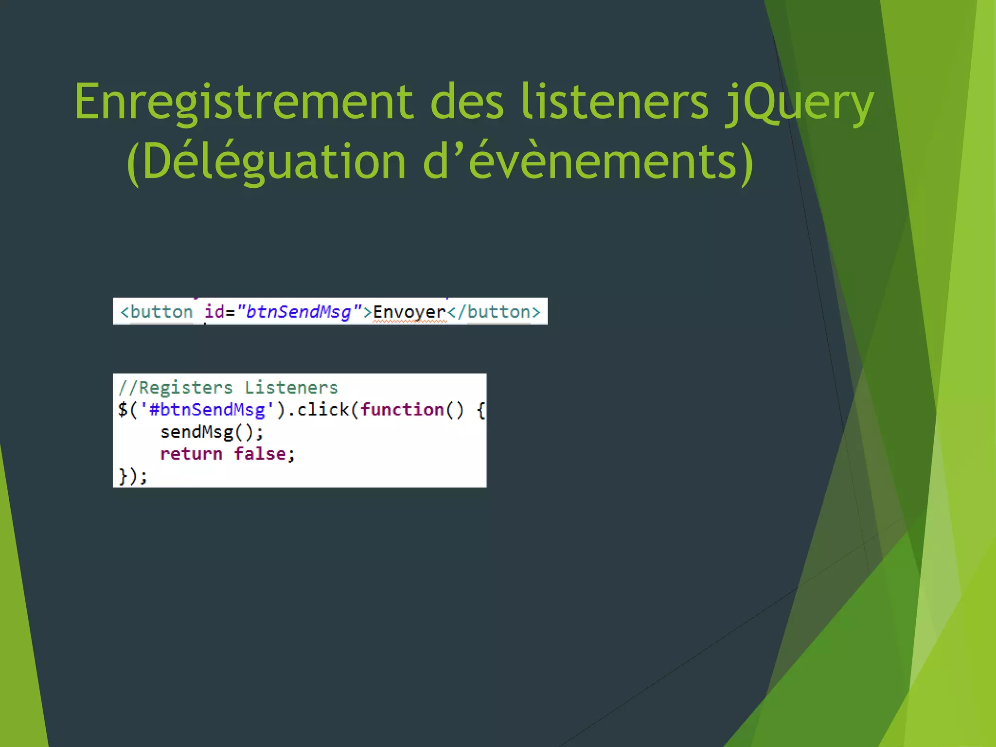 Enregistrement des listeners jQuery
(Déléguation d’évènements)
 