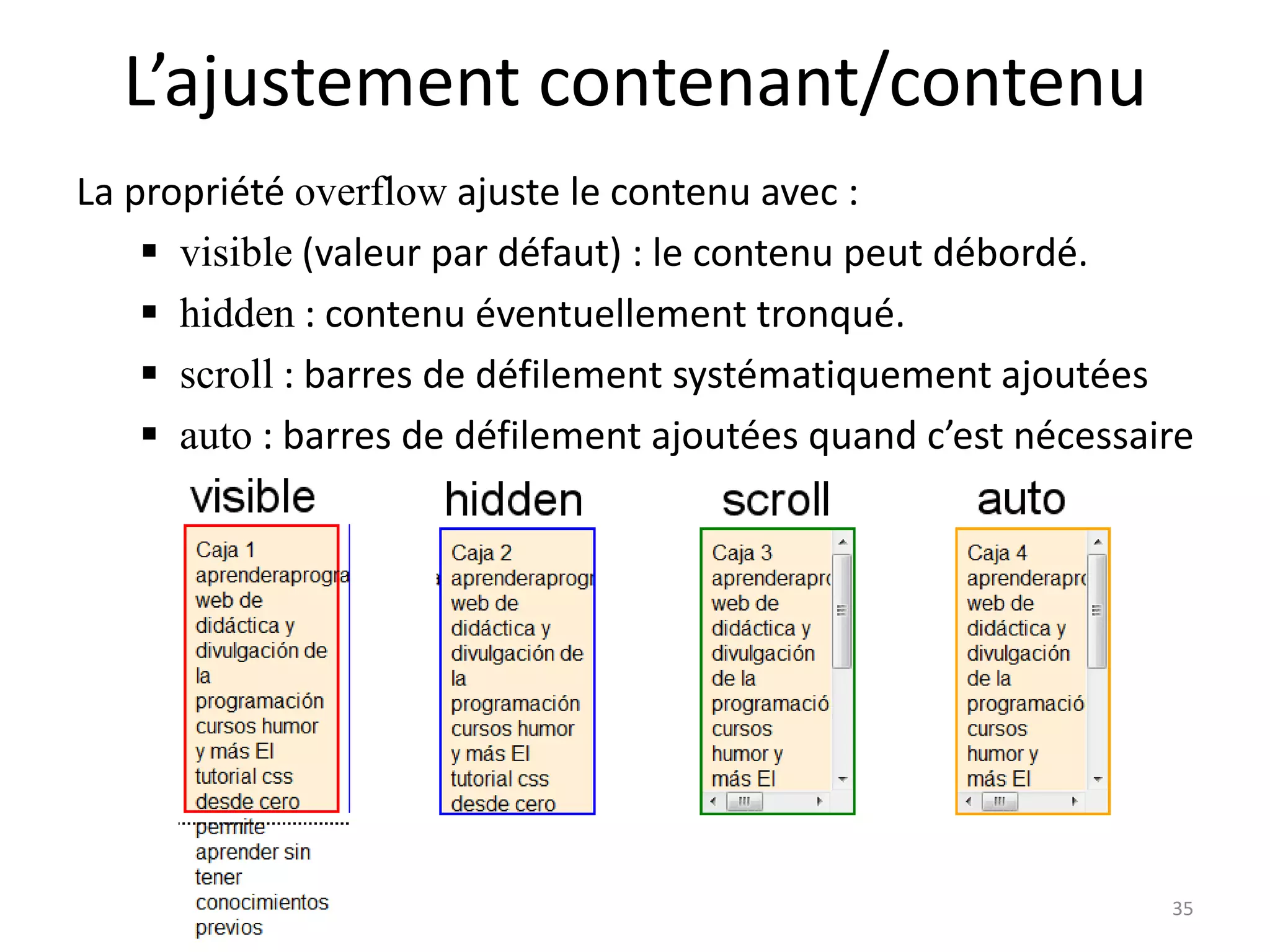L’ajustement contenant/contenu
La propriété overflow ajuste le contenu avec :
 visible (valeur par défaut) : le contenu peut débordé.
 hidden : contenu éventuellement tronqué.
 scroll : barres de défilement systématiquement ajoutées
 auto : barres de défilement ajoutées quand c’est nécessaire
35
 