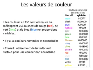 Les valeurs de couleur
21
Mot clé rgb héxa
aqua #00ffff
black #000000
blue #0000ff
fuchsia #ff00ff
gray #808080
green #008000
lime #00ff00
Maroon #800000
navy #000080
olive #808000
purple #800080
red #ff0000
silver #c0c0c0
teal #008080
#ffffff
yellow #ffff00
• Les couleurs en CSS sont obtenues en
mélangeant 256 nuances de rouge (red), de
vert (lime) et de bleu (blue) en proportions
variables.
• Il y a 16 couleurs nommées et normalisées
• Conseil : utiliser le code hexadécimal
surtout pour une couleur non normalisée
Couleurs nommées
et normalisées
 